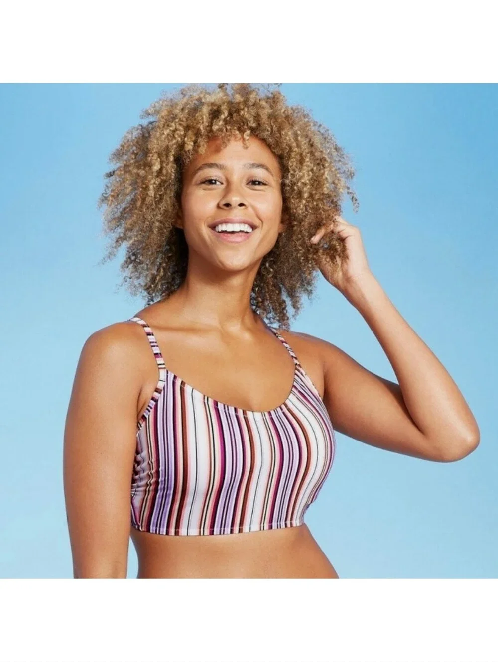 Shade & Shore Lightly Lined Longline Bralette Bikini Top Multicolor Striped 36D